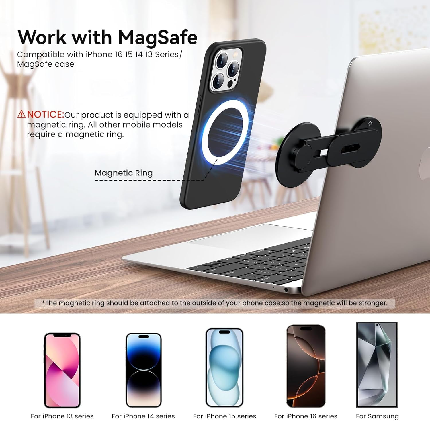 Magnetic Phone Holder for Laptop for MagSafe for iPhone 16/15/14/13/12 & All Phones, 180°Adjustable Phone Side Mount for Computer Monitor for Tesla, Desktop Cell Phone Bracket, Gray