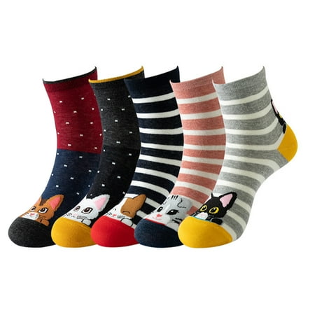 

5pairs Fashion Cartoon Crew Women Socks Ankle Length Dog Cat Casual Funny Cute