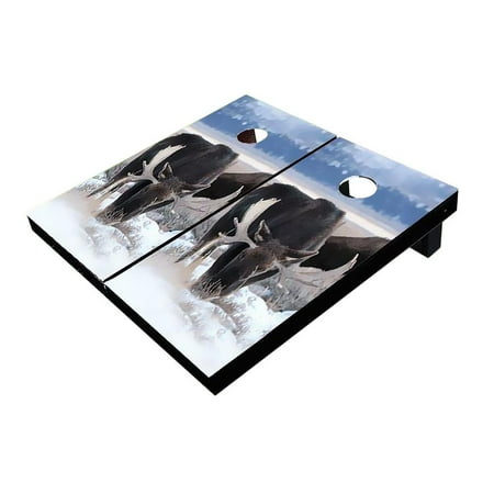 Skip's Garage Moose In Snow Solid Wood Cornhole Board Set
