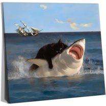 Hieng Framed Black Cat Wall Art, Funny Quirky Cat and Shark Pictures Canvas Print, Abstract Black Cat Shark Posters Wall Decor for Room Bedroom Living Room Bathroomin