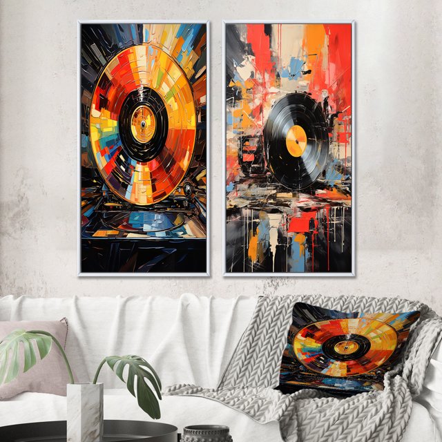Designart "Retro Disc Popart Dreams II" Vinyl Records Framed Wall Art Set Of 2 - Multi-Color Fashion Framed Canvas Set For Living Room Decor