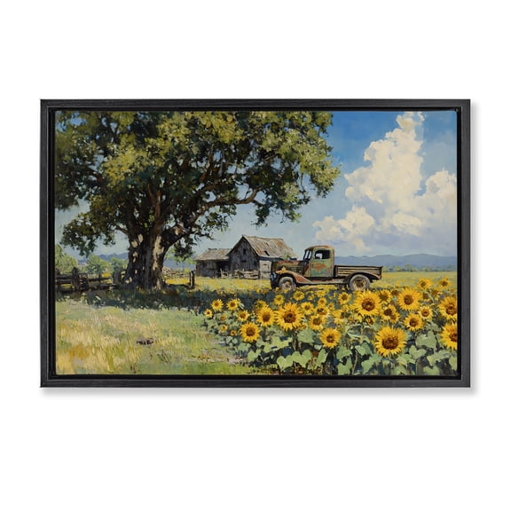 Stupell Industries Rustic Lodge Sunflower Pickup by Old Barn Black Floating Frame Canvas Art, 25 x 17, by Franklyn Gregory