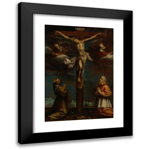Lombard School 11x14 Black Modern Framed Museum Art Print Titled - The Crucifixion with St Francis, a Cardinal and Two Angels (17th Century)