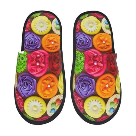 Balery Brightly Colored Cupcakes Slient Indoor Furry Fleece Comfort House Shoes Soft Non-Slip Home Shoes Cotton slippers House Slippers-- Large