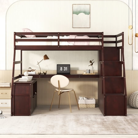 Twin Size Loft Bed Frame with 7 Drawers 2 Shelves and Desk, Health and Comfort Storage Shelves and Writing Desk, Wooden Loft Beds with Stairway, High Loft Bed for Kids Boys (Espresso,Twin)