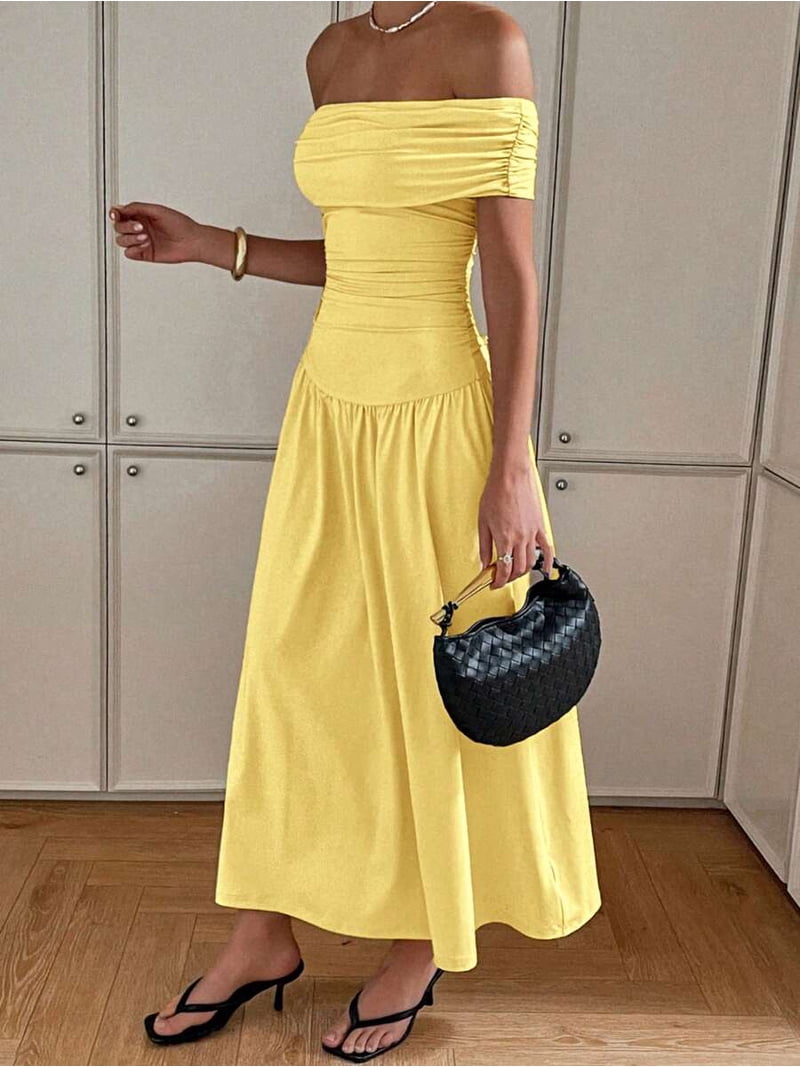 Light Yellow Off Shoulder Pleated Maxi Dress For Women Elegant Casual Party Evening Long Dress