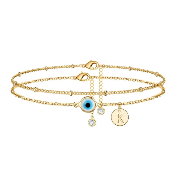 TINGN Evil Eye Ankle Bracelets for Women 14K Gold Plated Layered Initial Disc Letter Charm Handmade Anklets