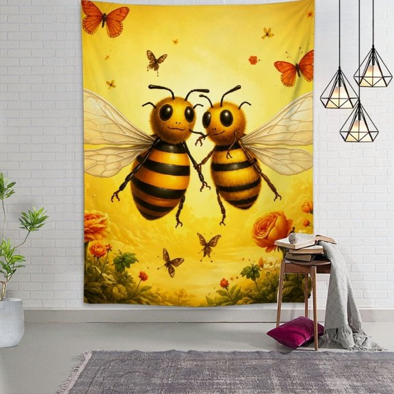 Patifu Cute Bees Flowers Polyester Vertical Wall Tapestry for Bedroom Living Room Dorm 60*80in