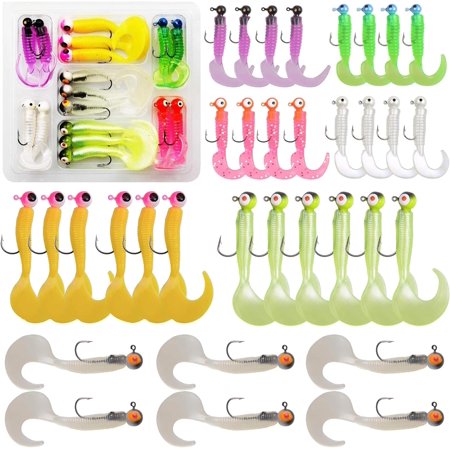 Soft Plastic Fishing Lure Jig Head Hook Kit Grub Worm Lures Crappie Jigs Head Grub Tail Swimbait Tube Bait Jigs for Saltwater Freshwater Trout Crappie Fishing