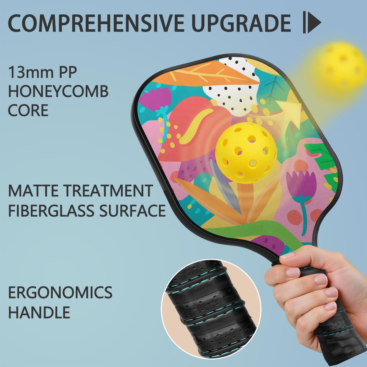 Pickleball Paddles Set Of 2, Fiberglass Surface, Tropical Jungle Print, 4 Balls & Bag