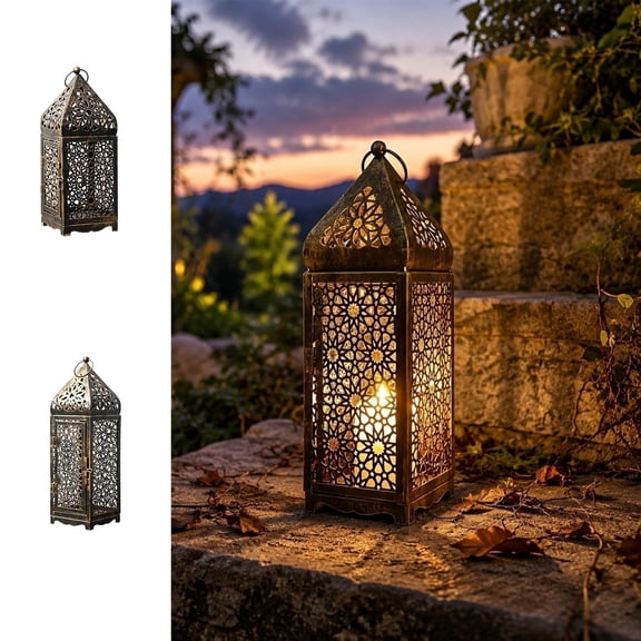Moroccan Style Metal Lantern Candle Holder Vintage Openwork Decorative Lamp for Patio Wedding Tabletop Hanging Indoor Outdoor Home Decor