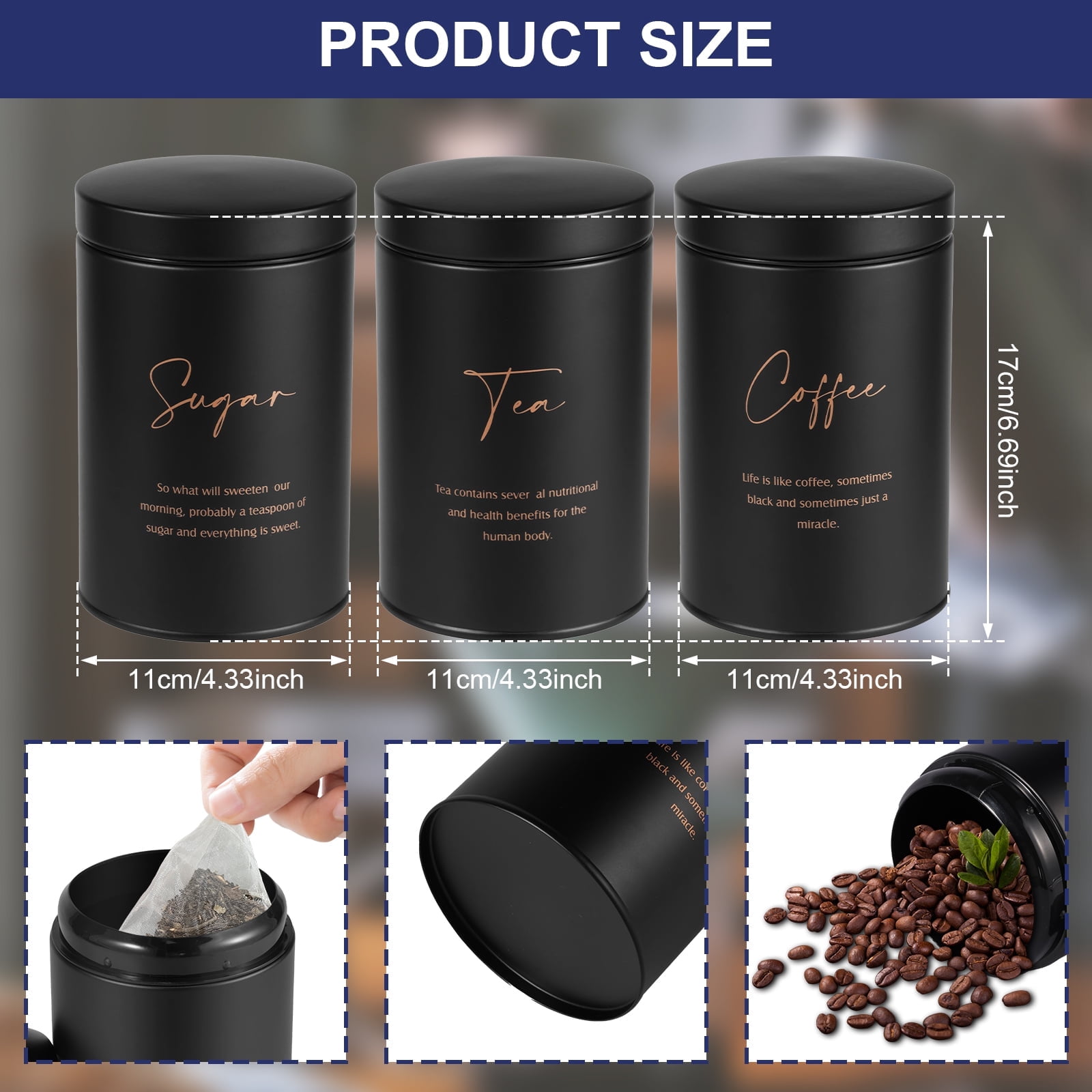 FUYGRCJ 3 Piece Black Canisters Sets for Kitchen, Airtight Sugar Tea Coffee Canister Set, Storage Jars for Coffee Container, Tea Organizer & Sugar Canister, Black Kitchen Canisters