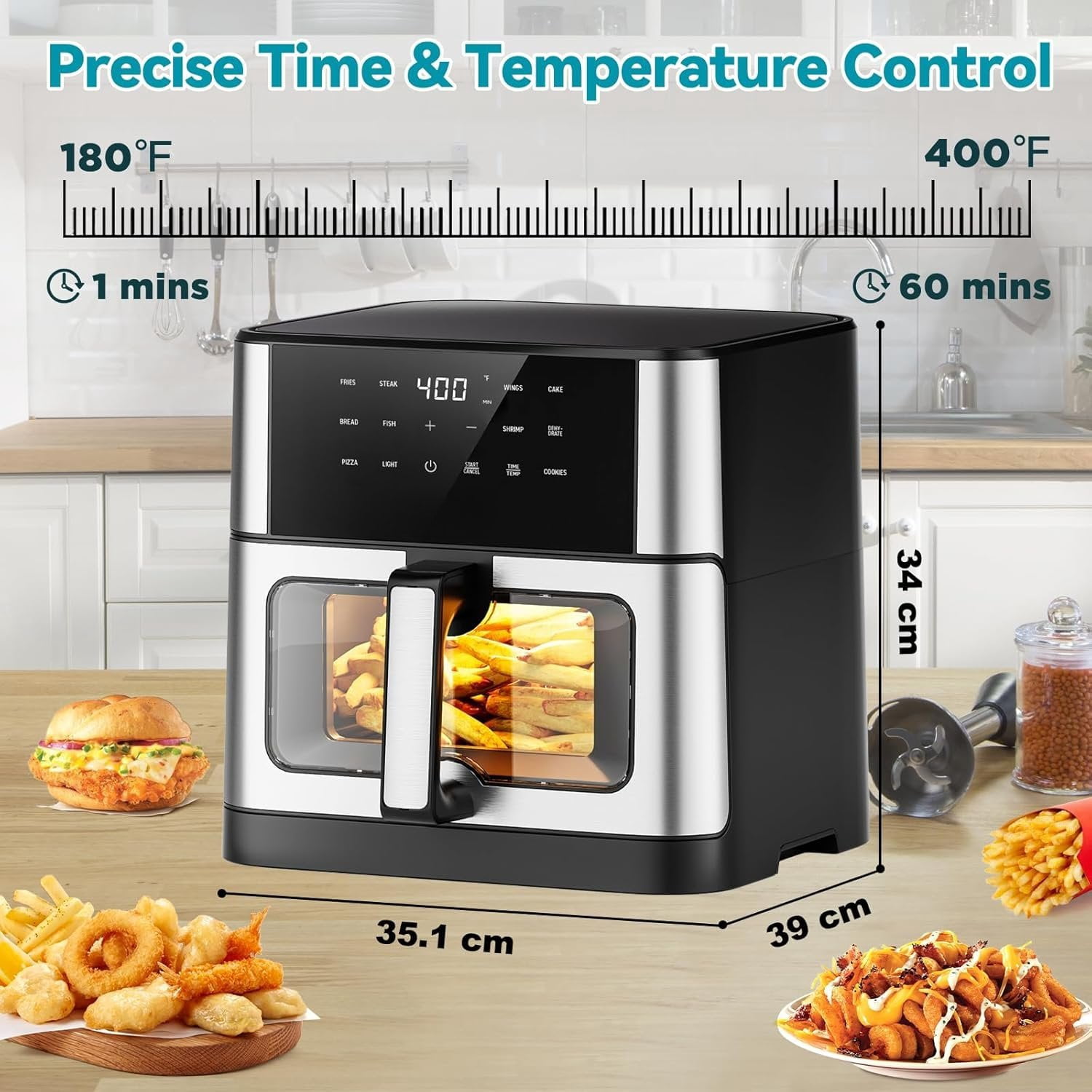 Air Fryer 10.2 QT Oilless 1700W Large Capacity Oven Air Fryers Cooker with 10 Preset, Large AirFryer for Families Visual Cooking Window, Non- Basket, Included Recipe