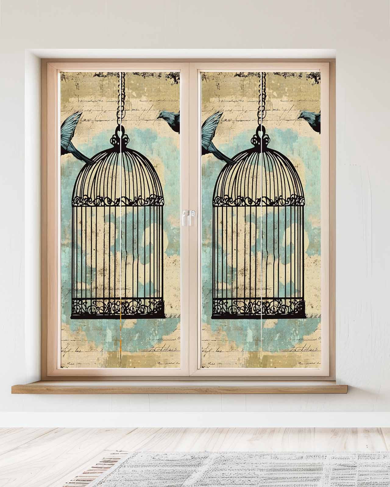 Window Privacy Film Teal Vintage Birds Stained Glass Window Film Decorative Sun Block Window Cover Retro Birdcage Watercolor Window Clings Static Adhesive Sticker for Bathroom 23.6"x59"