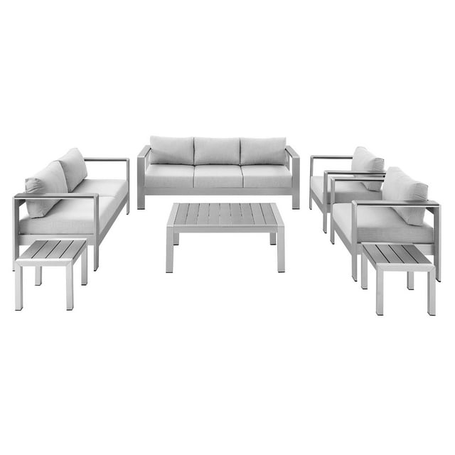 Lounge Sectional Sofa Chair Table Set, Sunbrella, Fabric, Aluminum, Metal, Silver Grey Gray, Modern Contemporary Urban Design, Outdoor Patio Balcony Cafe Bistro Garden Furniture Hotel Hospitality