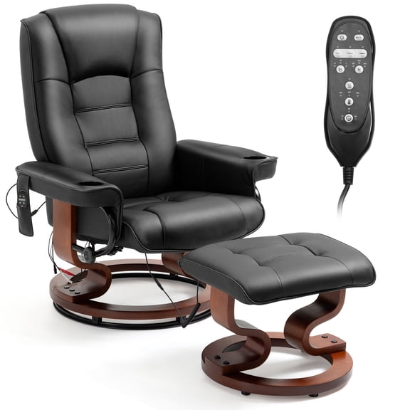 DELMANGO Swivel Massage Recliner with Ottoman, Adjustable Recline Wood Base Faux Leather Lounge Chair, Footrest Accent Chair for Living Room & Bedroom, Black