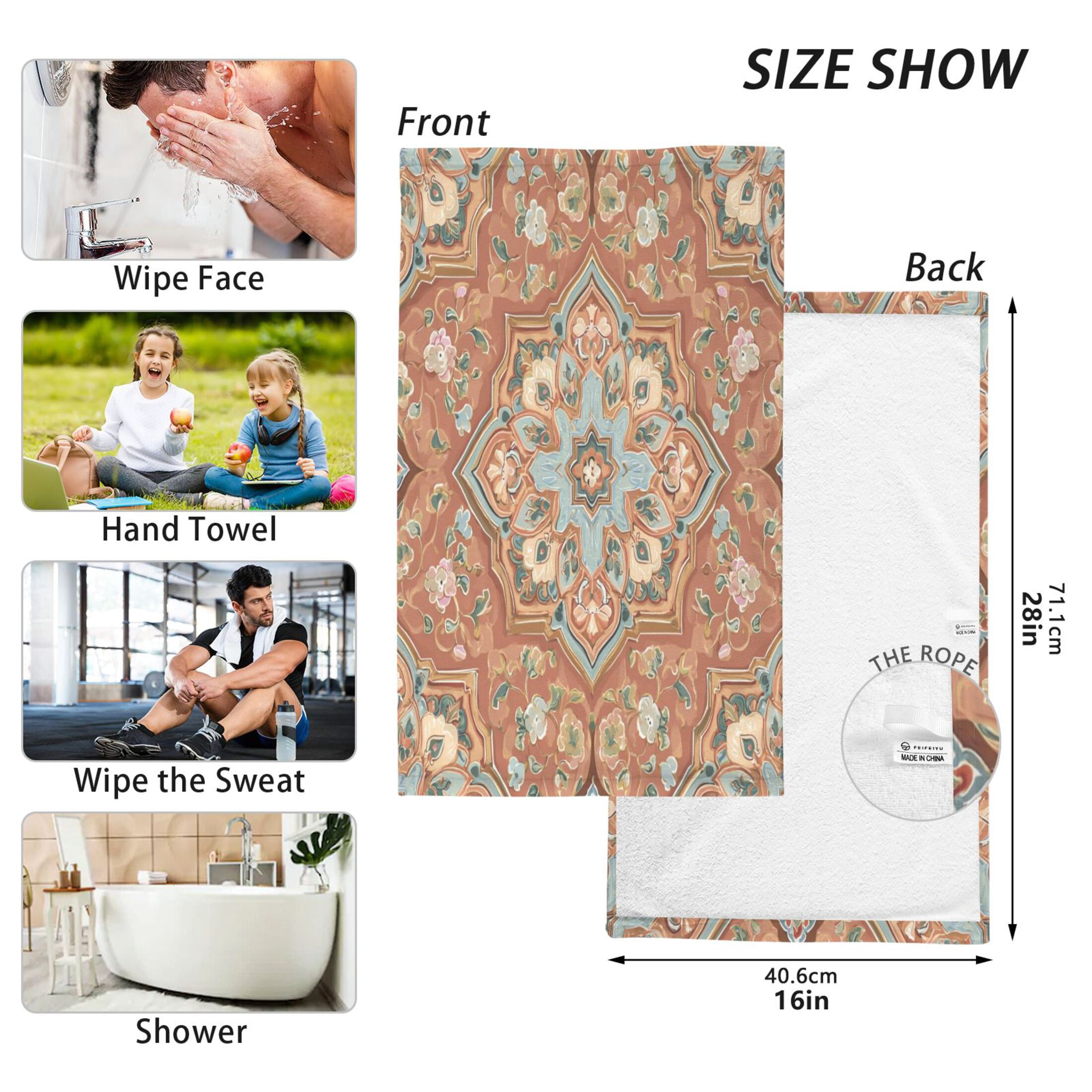 2 Pieces of Cotton Towel Face Towel Set Hand Towel Bath Towel Cotton Bath Towel Sets Terracotta Arabesque Peach Tones