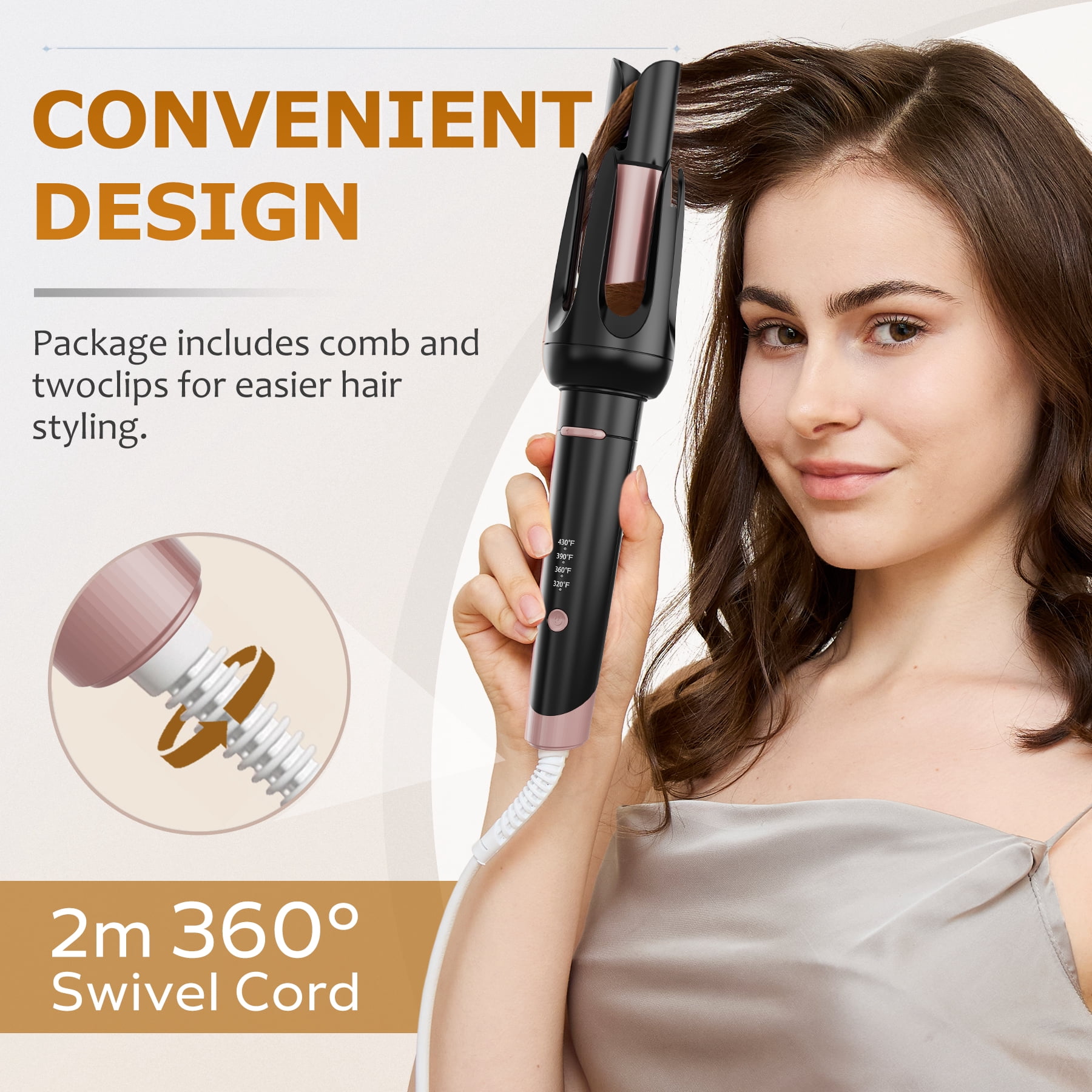BILITOK Auto Hair Curler, Automatic Curling Iron with 4 Temperature & 3 Timer, Automatic Shut-Off, Anti-Scald, Anti-Tangle Rotating Curling Wand for Hair Styling Black
