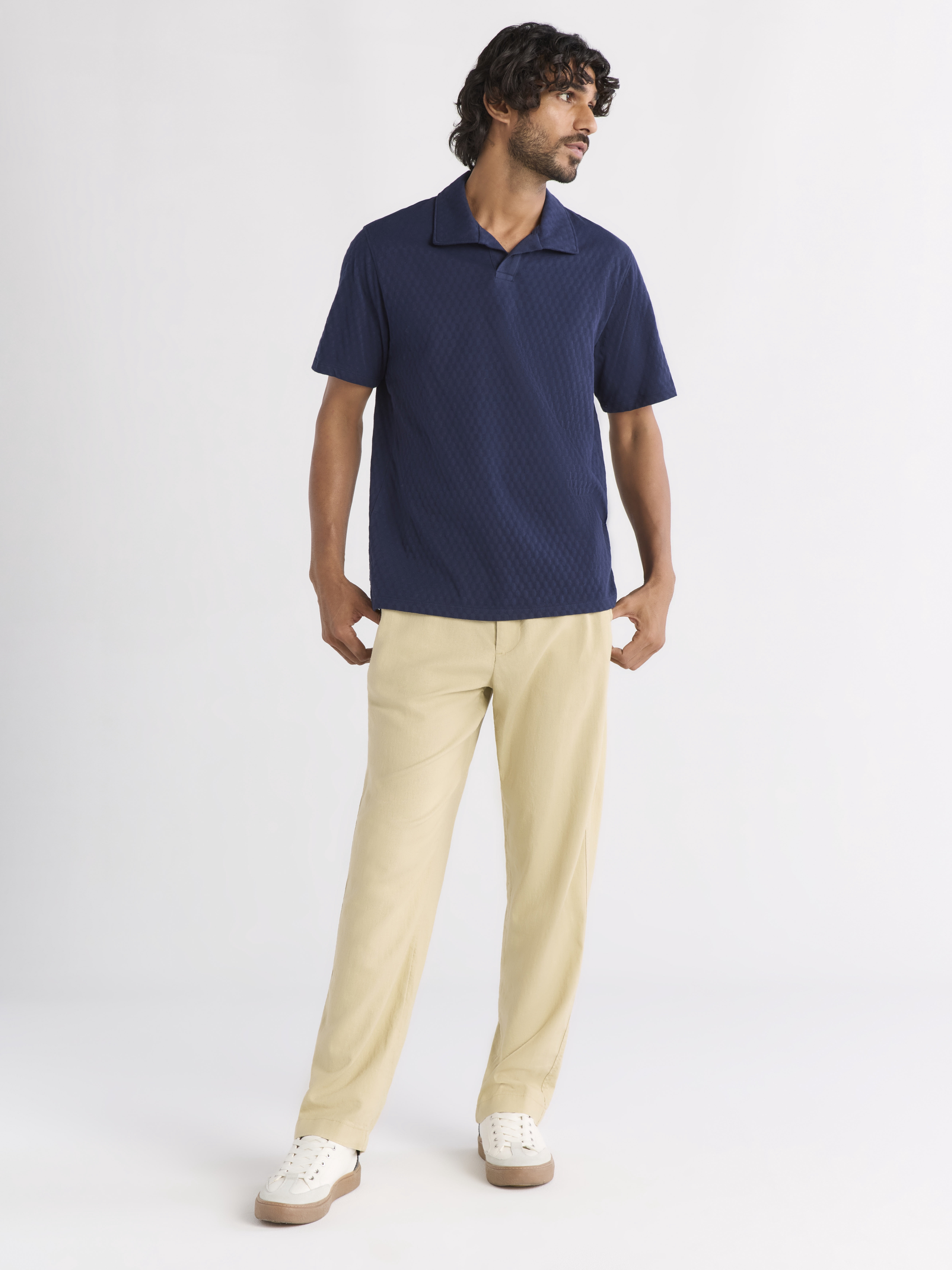 Free Assembly Men's Textured Cotton Johnny Collar Polo Shirt with Short Sleeves, Sizes XS-3XL