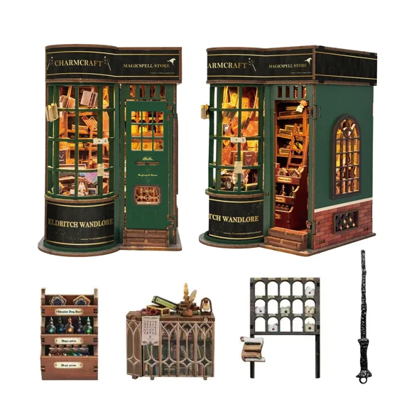 Strucwood DIY Book Nook Kit Magic Spell Store Wooden Puzzles with LED Lights,3D Crafts Hobbies Gifts for Adults（SQ-78）