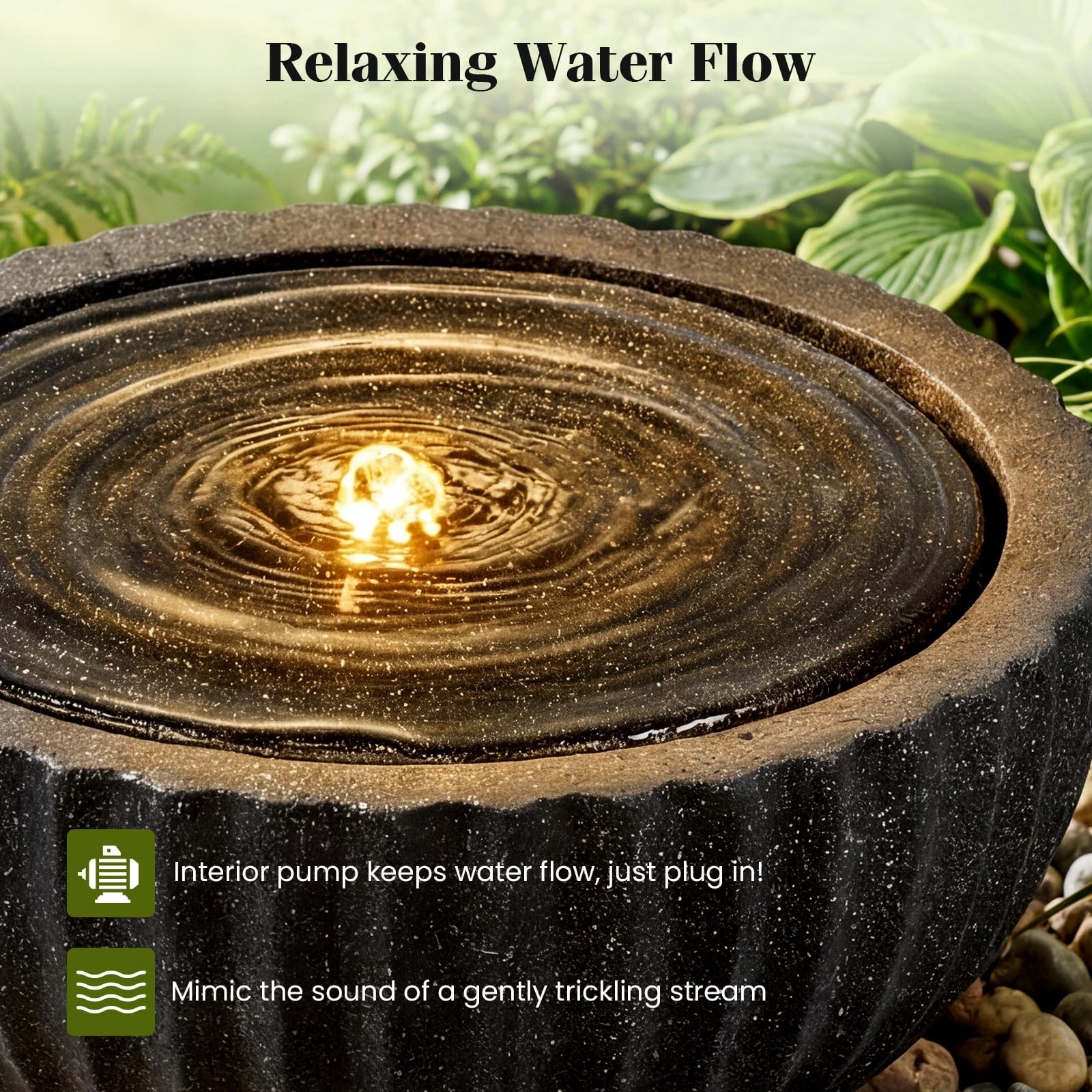 DRAZUNO 18” Outdoor Round Sphere Water Fountain w/LED Lights & Pump for Garden Patio