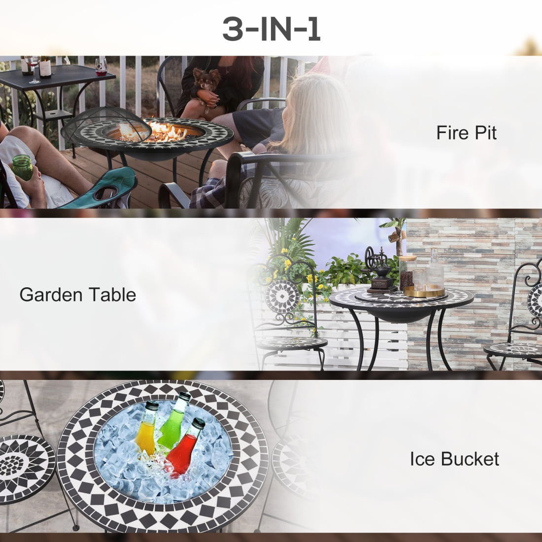 30 Inch Outdoor Fire Pit Dining Table with Wood Burning Bowl, Ice Bucket and Storage Shelf, Spark Screen Cover for Patio, Backyard BBQ and Camping