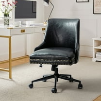 Vegan Leather Task Chair Swivel Home Office Chair Height Adjustable Mid-back Upholstered Nailhead Trim Bedroom Black