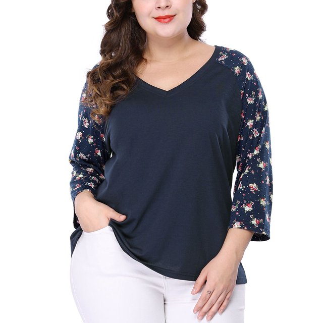 GRACE & GRANDEUR Chemises Blouse pour Femme Grande Taille Col en V Manches 3/4 Raglan à Fleurs Décontracté Printemps Automne Hauts 4X Bleu