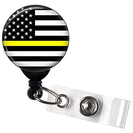 Thin Yellow Line Flag - Retractable Badge Reel With Swivel Clip and Extra-Long 34 inch cord - Badge Holder - 911 Dispatcher / Dispatchers