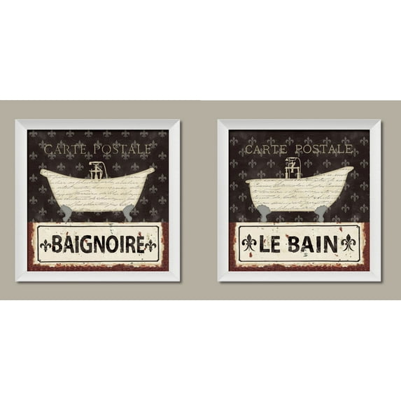 Lovely French Le Bain and Baignoire Typography Fleur De Lis Bath Print Set by Pela Studio; Two 12x12in White Framed Prints