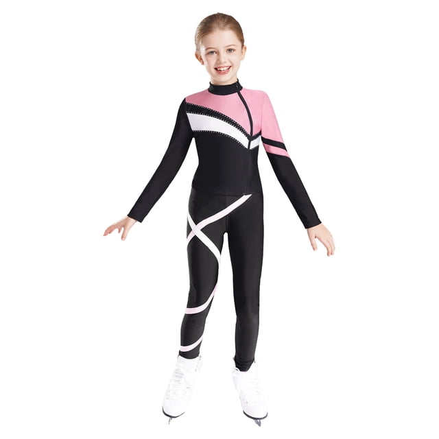 Aislor Kids Girls Long Sleeve Zipper Coat Shiny Rhinestones Contrast Color Patchwork Jacket With Leggings Figure Skating Dance Suit Pink 6