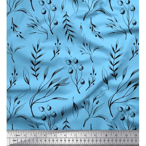 Soimoi Blue Silk Fabric Blueberry Leaves Print Fabric by the Yard 44 Inch Wide