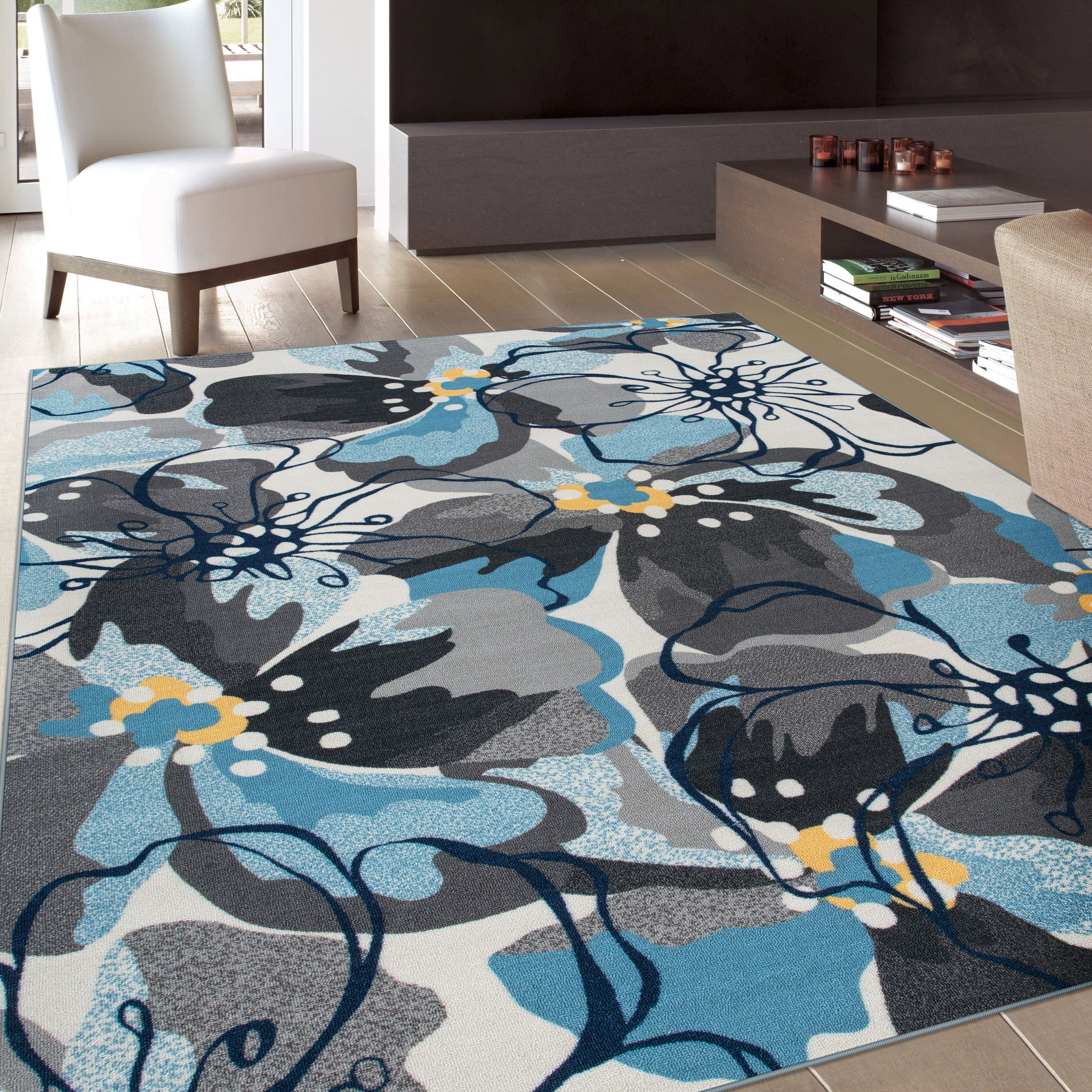 World Rug Gallery Grey/Blue Nylon Modern Large Floral Nonslip Nonskid