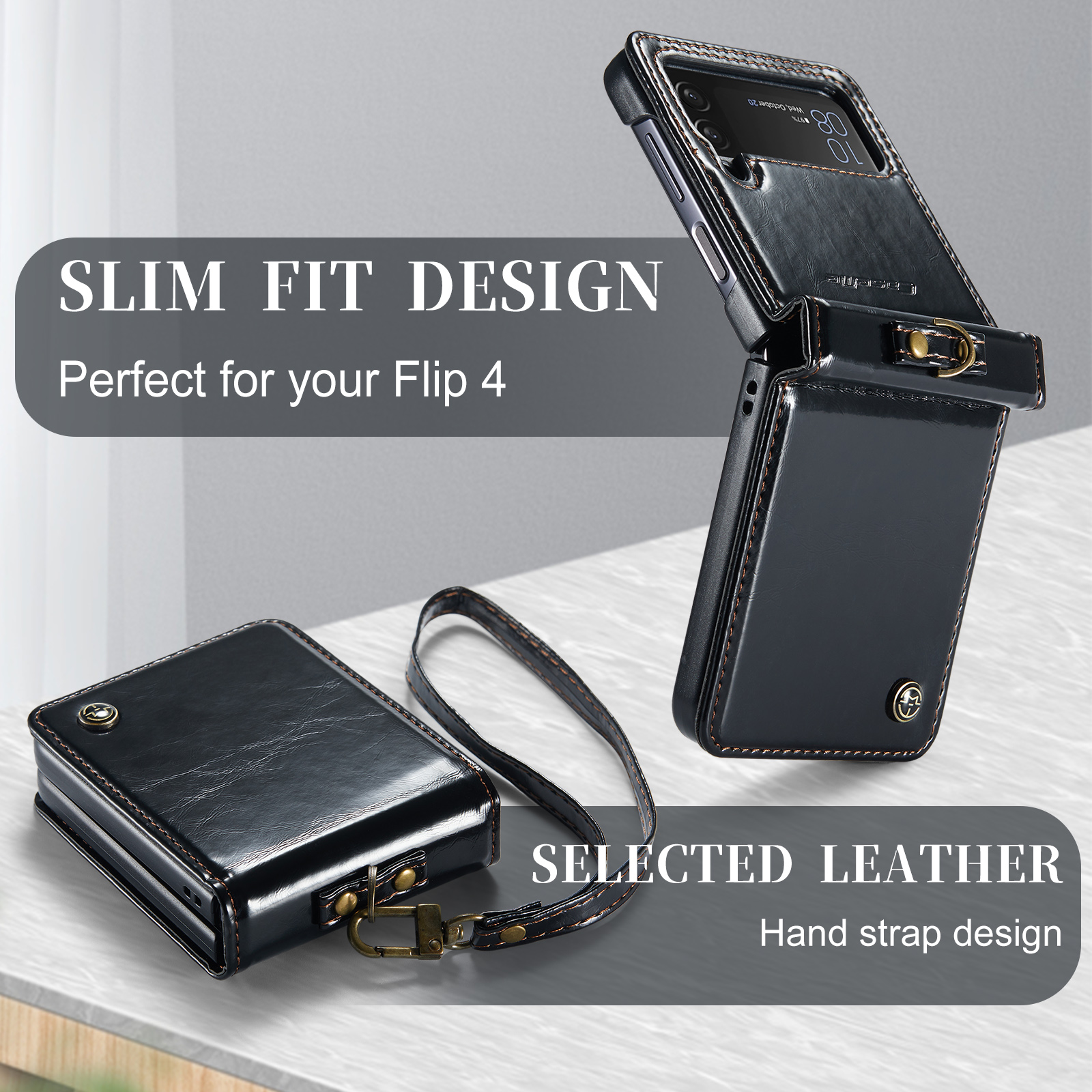 KONEE Phone Case Compatible with Samsung Galaxy Z Flip 4 5G,Leather Case PU Leather Flip Phone Case with [ Wrist Strap ], Foldable Phone Case for Samsung Galaxy Z Flip 4 5G Case - Black