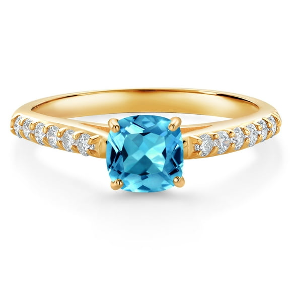 Gem Stone King 0.83 Ct Cushion Swiss Blue Topaz G/H Lab Grown Diamond 10K Yellow Gold Engagement Ring (Size 8)