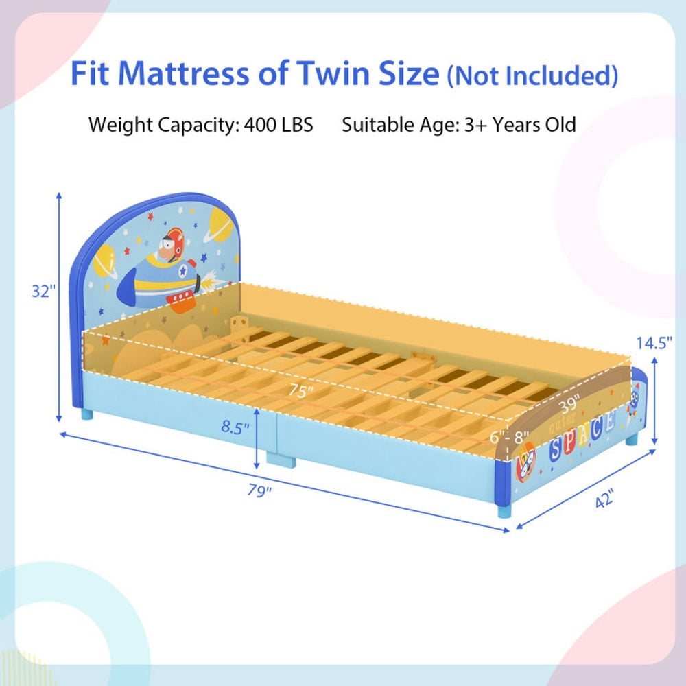GVN Wood Upholstered Twin Bed Platform with Slat Support-Blue, Baby Bed for Sleeping and Sleepovers