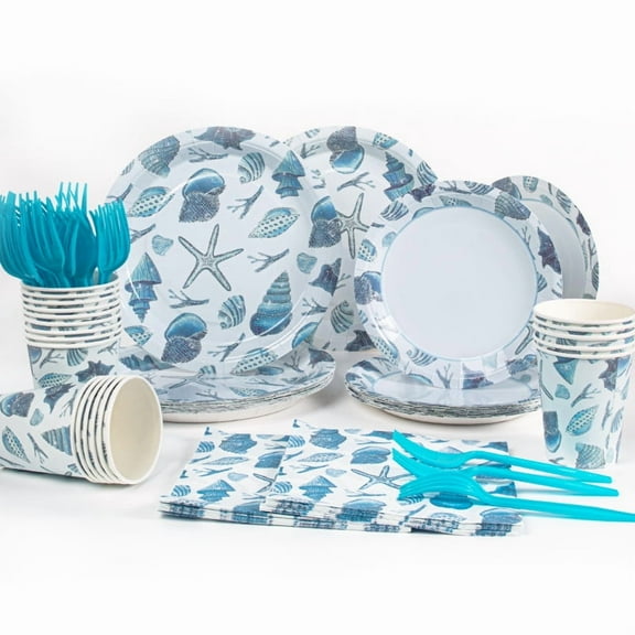 100 Pcs Ocean Seashell Plates Party Supplies - Coastal Beach Party Decorations Disposable Paper Plates Napkins Forks for Birthday Baby Shower