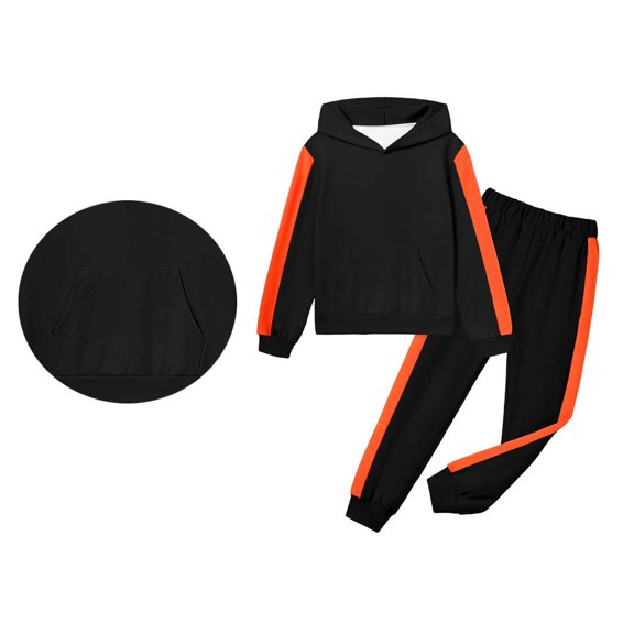 Boys Girls Sweatsuit Set 2PC Long Sleeve Color Block Hooded Sweatsuits Pullover Sweatpants Warm Fall Winter Clothes Girls Matching Sets 10-11 Years