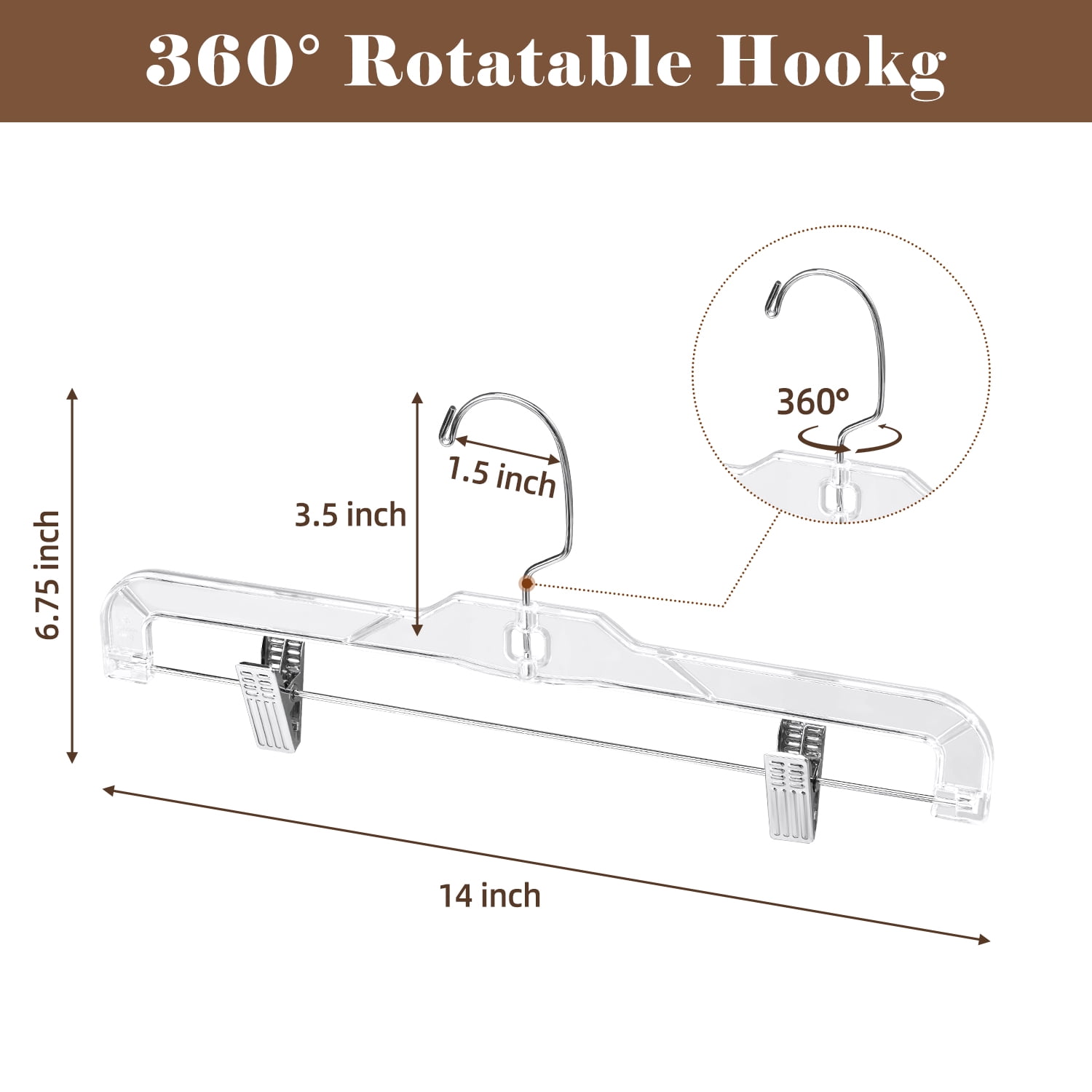 BagDream Clear Plastic Skirt Hangers with Clips, Pants Hangers 360-Rotating Swivel Hook, Clip Hangers for Pants, Trousers, Skirts, 15 Pack, 14 Inch