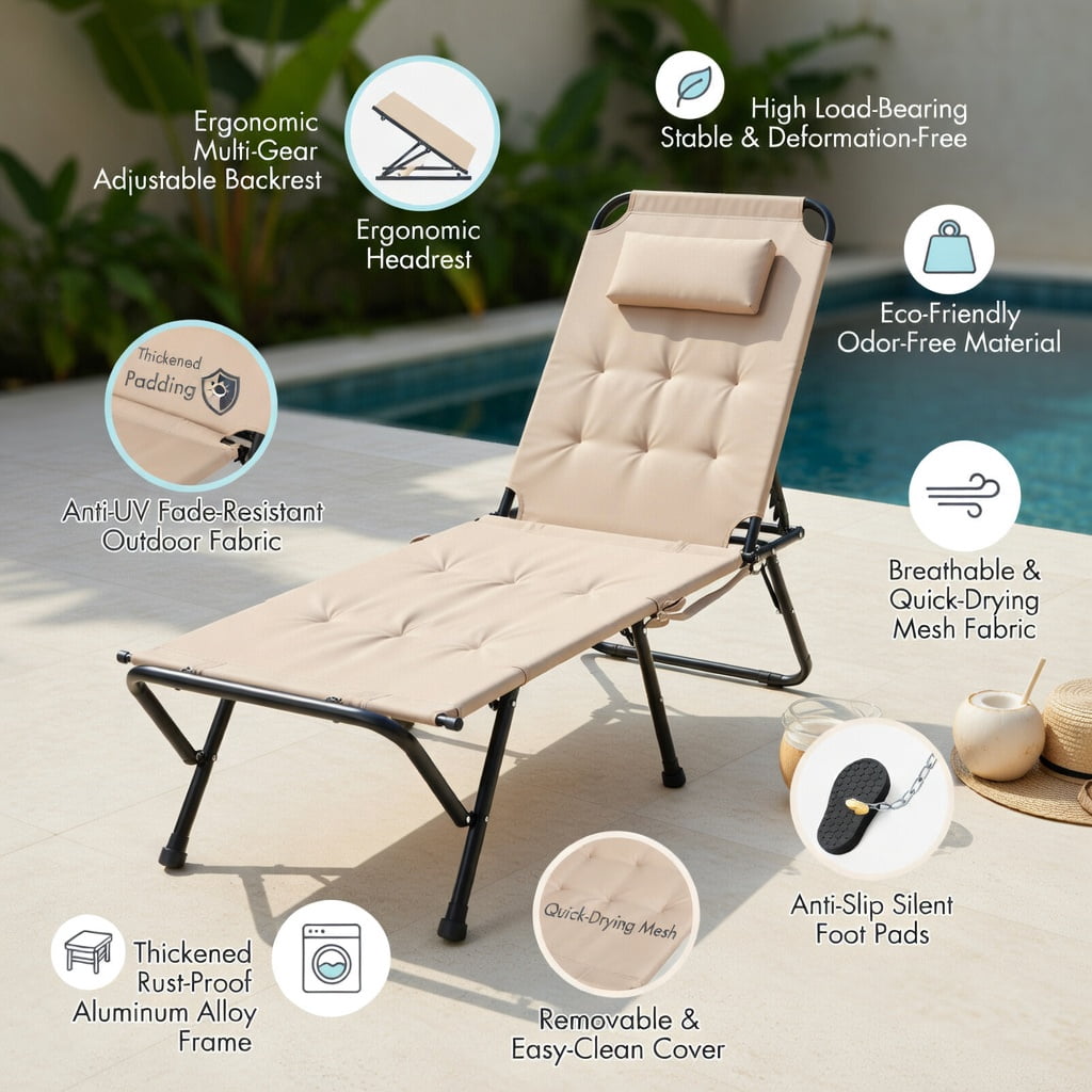 Hommoo Outdoor Hanging Chaise Lounge Chair with Sun-Blocking Canopy, Thick Cushion & Pillow, Heavy-Duty Metal Frame for Patio, Deck, Poolside, Beige