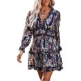 thumbnail image 1 of SURJDE Womens Spring Summer Deep V Neck Ruffle Long Sleeve Floral Print Mini Dress, 1 of 4