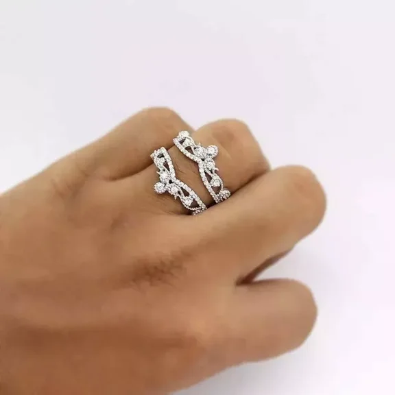 White Moissanite Round Cut 2 Ct Ring Wrap Guard Enhancer 14k White Gold Plated