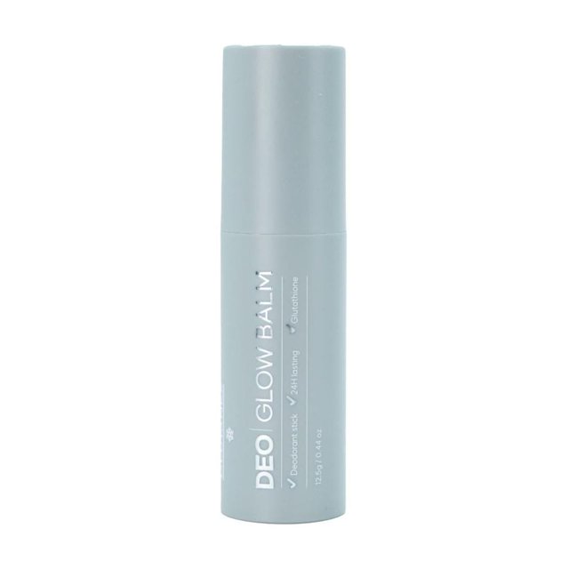 bálsamo aclarante glutanex glow balm axilar antioxidante y calmante 24hrs con glutatión y bisabolol — Frasco stick cilíndrico frontal color gris verdoso con texto blanco 'DEO GLOW BALM', 12.5 g visible en la base; etiqueta indica glutatión y bisabolol e importación desde Corea del Sur; a menudo usado después de la depilación para calmar la piel.