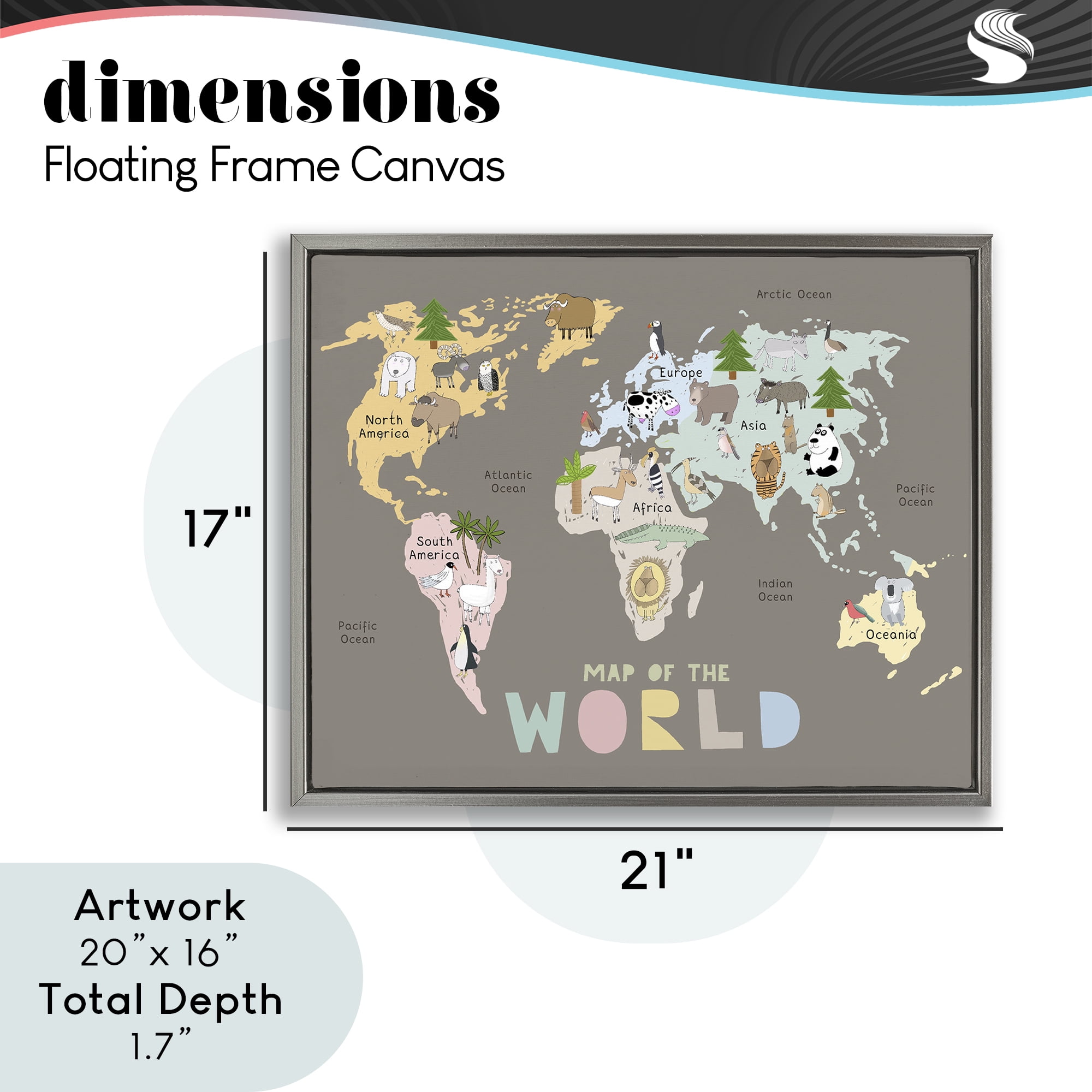 Kid's Map Of World Brown Gray Framed Floater Canvas Wall Art, design by Carla Daly