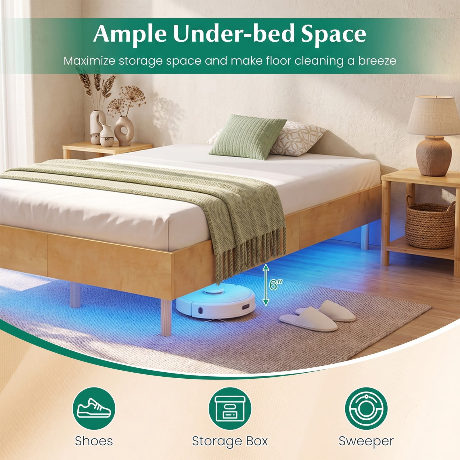 Furnibear Twin Size Floating Wood Platform Bed Frame with RGB LED Lights and Remote Control for Bedroom, No Box Spring Needed, Natural