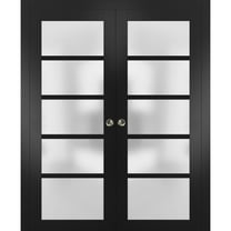 Sliding French Double Pocket Doors 56 x 80 inches Frosted Glass | Quadro 4002 Matte Black | Kit Trims Rail Hardware | Solid Wood Interior Bedroom Sturdy Doors