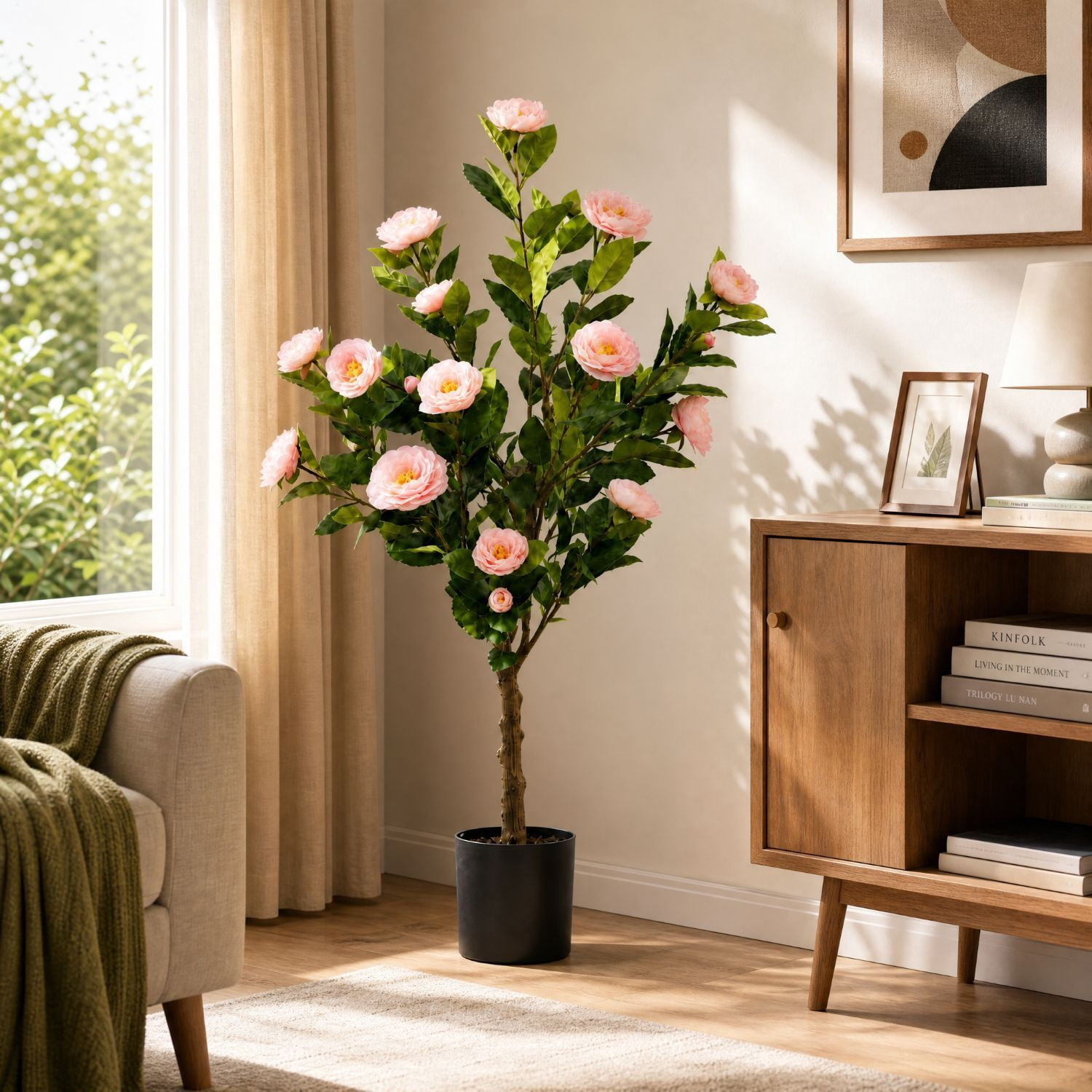 Easy4Home 3.3FT Artificial Flower Plant Fake Camellia Tree Potted Indoor, Pink
