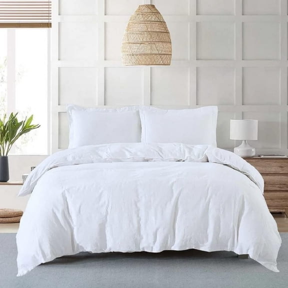 Sheetsnthings Belgian Flax Linen-Cotton Blend Medium Warmth 3PC Bedding Set Includes: Duvet Cover Set with Down Alternative Comforter, (Twin/Twin XL, White)
