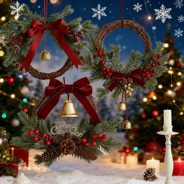 Adorno Navideño: Corona de Ratán con Cascabeles, Lazo y Rama de Fruta Roja para Colgar En La Puerta | Plástico Verde 35X25X8Cm | Decoración Navideña para Ventana