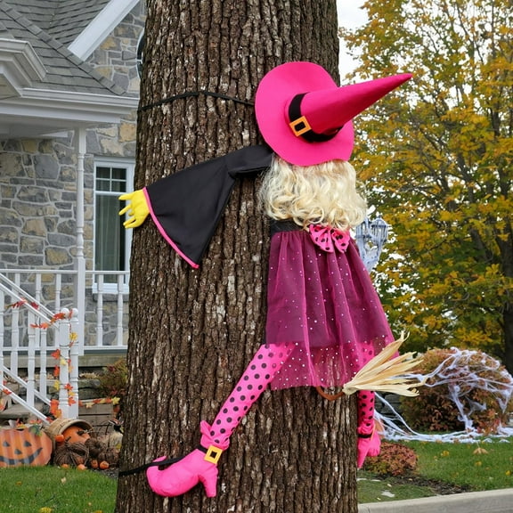 53" Crashing Witch Halloween Decoration – Flying Witch on Broom Into Tree Outdoor Yard Prop for Porch, Lawn, Garden, Pillars, Door, or Haunted House Decor